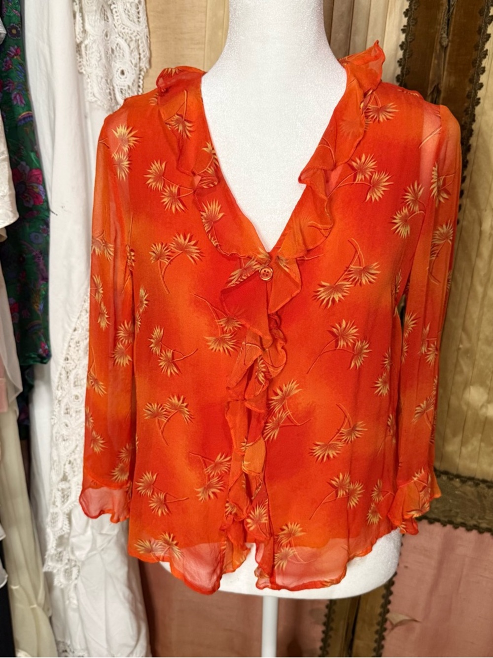 Vintage Silk Women’s Orange Ruffle-Front Floral Blouse